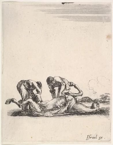 Two men skinning a horse that is lying on the ground with its hooves in the air, from "Various cavalry exercises" (Diverses exercices de cavalerie) by Stefano della Bella, print, 1642-1645