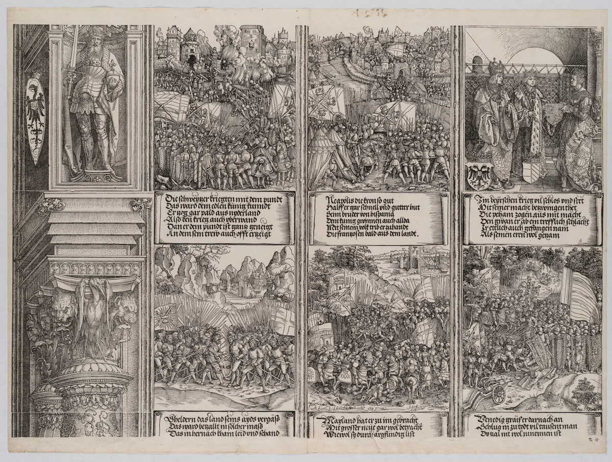 The Marriage of Philip the Fair to Joanna of Austria; Maximilian Recaptures the Occupied Territories from Hungary; The Conquest of Hungary; The Swiss War; The Liberation of Naples; and The Battle of Wenzenberg, from the Arch of Honor, proof, dated 1515, printed 1517-18 by Albrecht Dürer, print, 1515