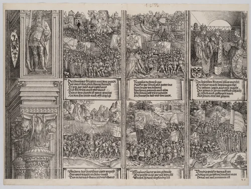 The Marriage of Philip the Fair to Joanna of Austria; Maximilian Recaptures the Occupied Territories from Hungary; The Conquest of Hungary; The Swiss War; The Liberation of Naples; and The Battle of Wenzenberg, from the Arch of Honor, proof, dated 1515, printed 1517-18 by Albrecht Dürer, print, 1515