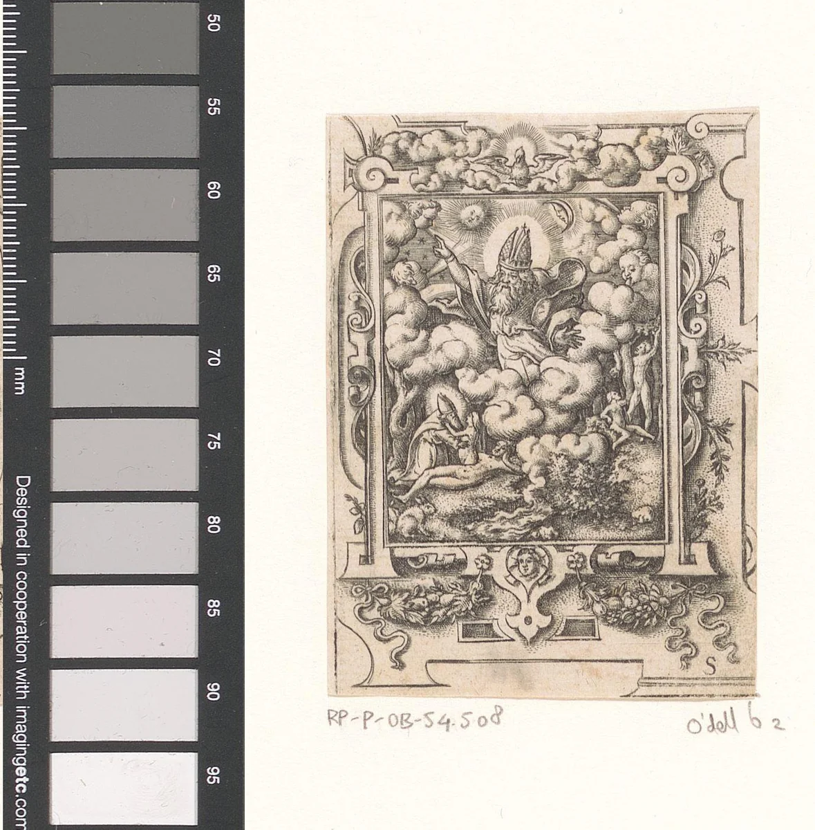 Schepping in een rolwerk omlijsting by Unknown, print, 1568