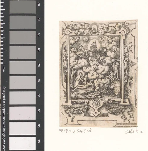 Schepping in een rolwerk omlijsting by Unknown, print, 1568