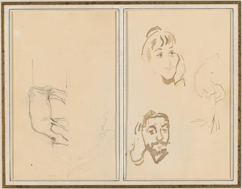 A Grazing Cow; Head of a Woman with Her Hand on Her Cheek, and Head of a Man with His Hand on His Ear [verso] by Paul Gauguin, drawing, 1884-1888