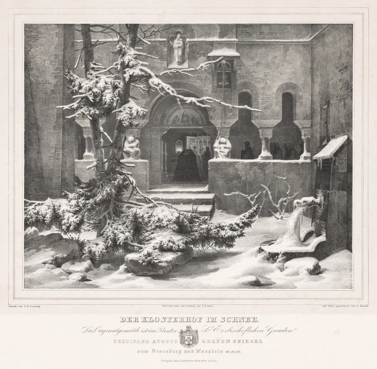 Churchyard with Snow by Andreas Borum, print, 1830-1840