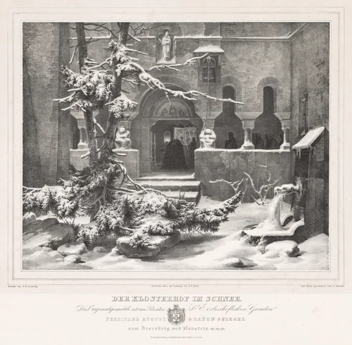 Churchyard with Snow by Andreas Borum, print, 1830-1840