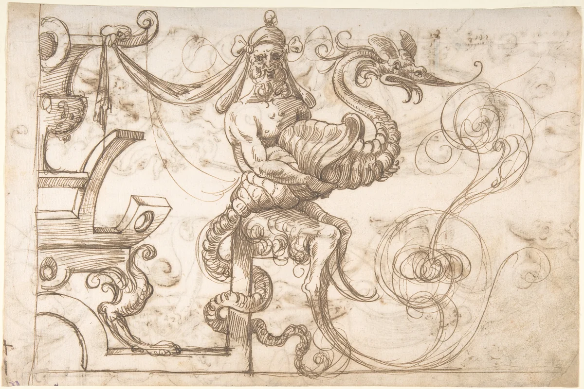 Satyr holding a fantastical creature (recto); Two candelabra grotesques (verso) by Andrés de Melgar, drawing, 1540-1550