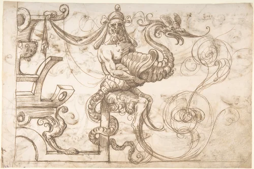 Satyr holding a fantastical creature (recto); Two candelabra grotesques (verso) by Andrés de Melgar, drawing, 1540-1550
