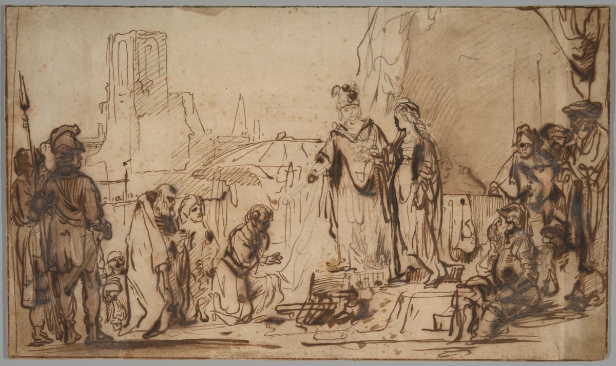 Scipio Returning the Spanish Bride to Her Family by Rembrandt van Rijn, drawing, 1635-1645