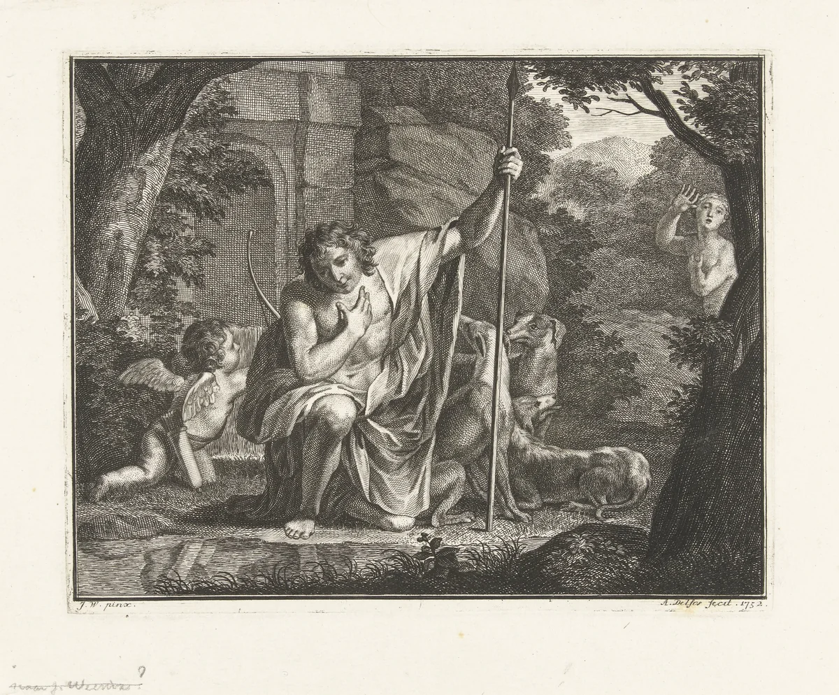 Narcissus kijkend naar zijn spiegelbeeld in het water by Abraham Delfos, print, 1752