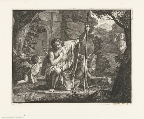 Narcissus kijkend naar zijn spiegelbeeld in het water by Abraham Delfos, print, 1752
