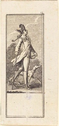 Young Man with Sword, Cane and Dog by Daniel Nikolaus Chodowiecki, print, 1784