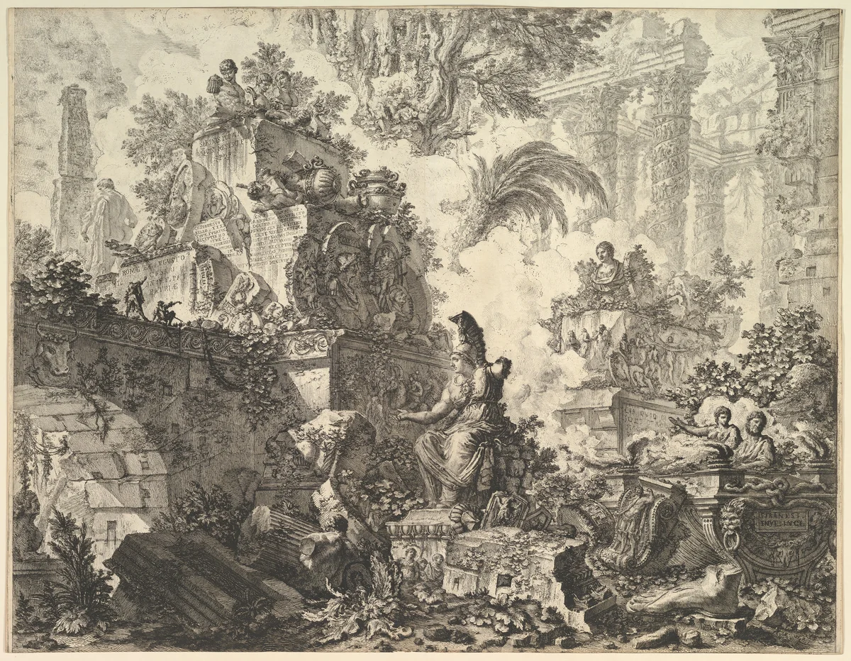Frontispiece, with Statue of Minerva, from "Vedute di Roma" by Giovanni Battista Piranesi, print, 1743-1753