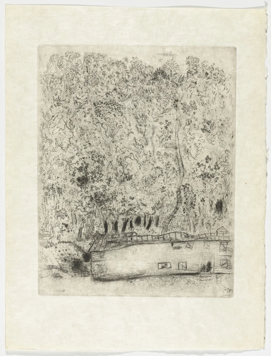 The Old Park of Pliouchkine (Le vieux parc de Pliouchkine), plate XXXIX (supplementary suite) from Les Âmes mortes by Marc Chagall, illustrated book, 1923