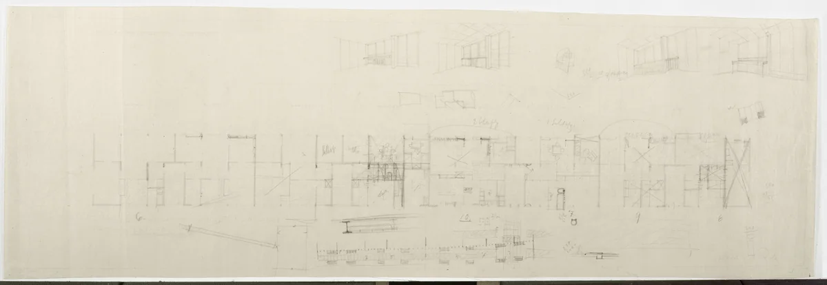 Weissenhof Apartment House, "The Dwelling" Exhibition, Stuttgart, Germany (Upper floor plan, interior perspectives) by Ludwig Mies van der Rohe, mies van der rohe archive, 1926