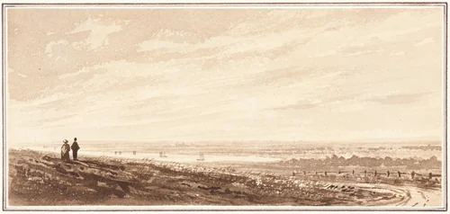 A Couple Admiring a View of the River Ouse(?), Lincolnshire by British 19th Century, drawing, 1849