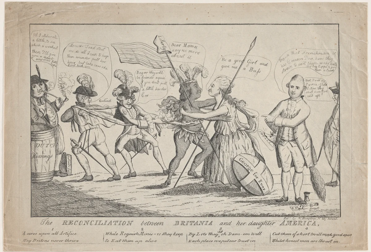 The Reconciliation Between Britannia and Her Daughter America by Thomas Colley, print, 1782