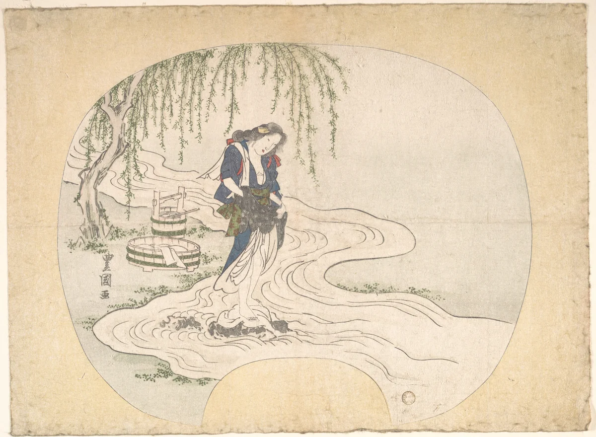 A Woman Stands on a Rock in a Stream Washing Clothes by Utagawa Toyoshige, print, 1818-1838