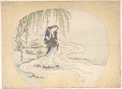 A Woman Stands on a Rock in a Stream Washing Clothes by Utagawa Toyoshige, print, 1818-1838