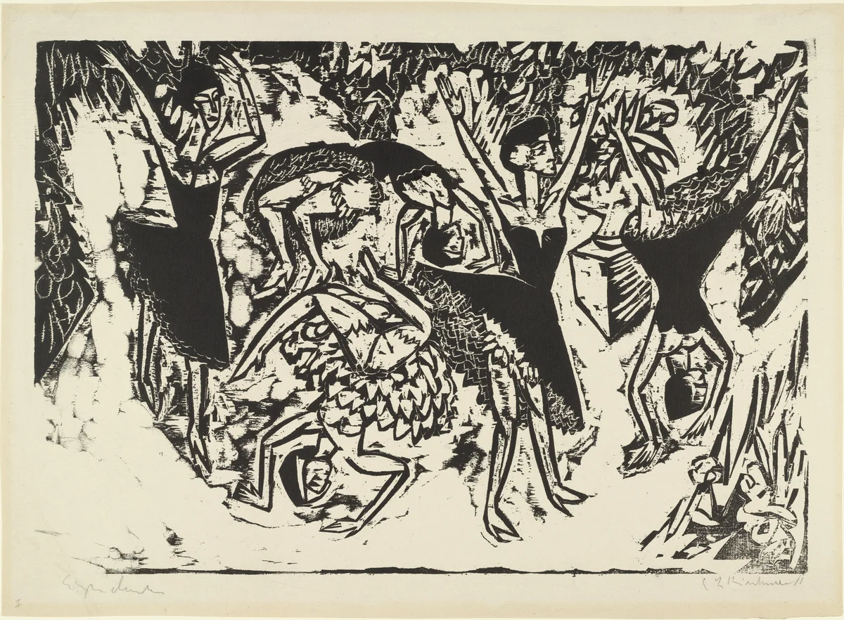 Somersaulting Acrobatic Dancers (Sich überschlagende akrobatische Tänzerinnen) by Ernst Ludwig Kirchner, print, 1913