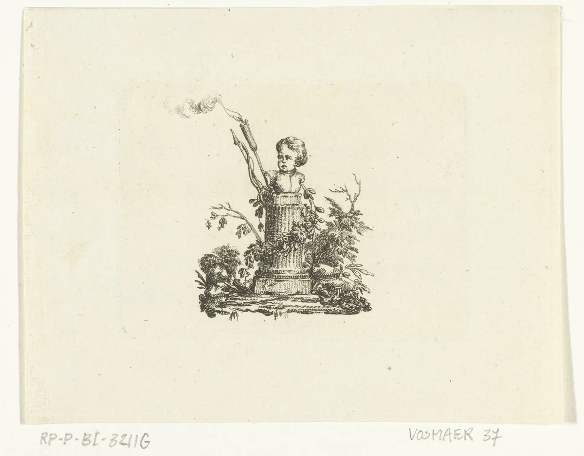 Vignet met buste van Amor met pijl en boog op zuil by Willem Bilderdijk, print, 1766-1785