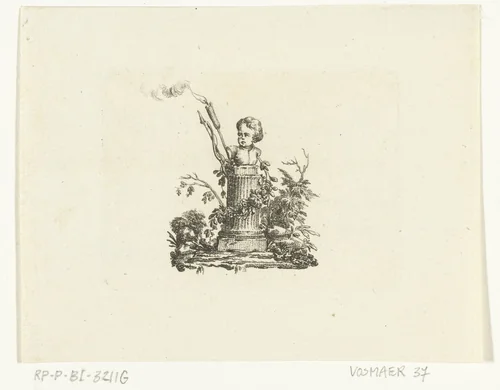 Vignet met buste van Amor met pijl en boog op zuil by Willem Bilderdijk, print, 1766-1785