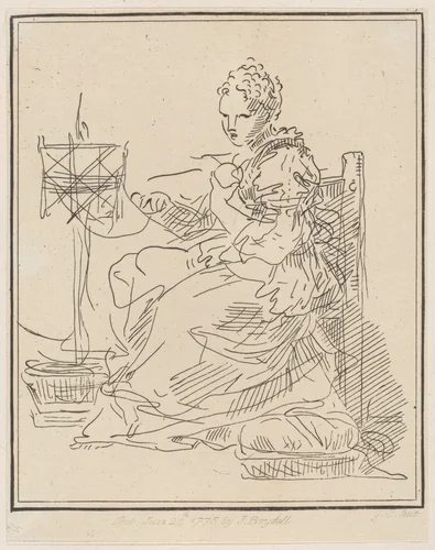 Seated woman winding yarn by Giuseppe Canale, print, 1775