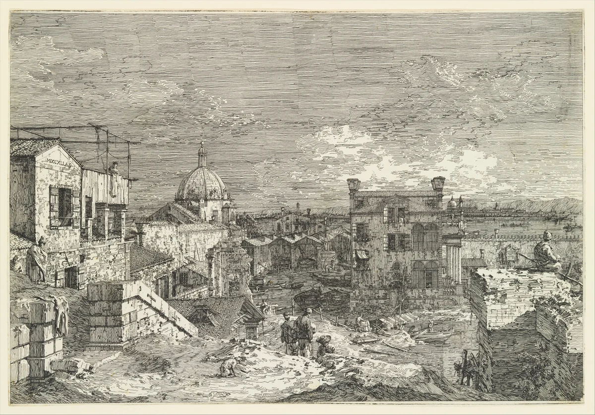Imaginary View of Venice, houses at left with figures on terraces, a domed church at center in the background, boats and boat-sheds below, and a seated man observing from a wall at right in the foreground, from "Views" (Vedute altre prese da i luoghi altre ideate da Antonio Canal) by Canaletto, print, 1741
