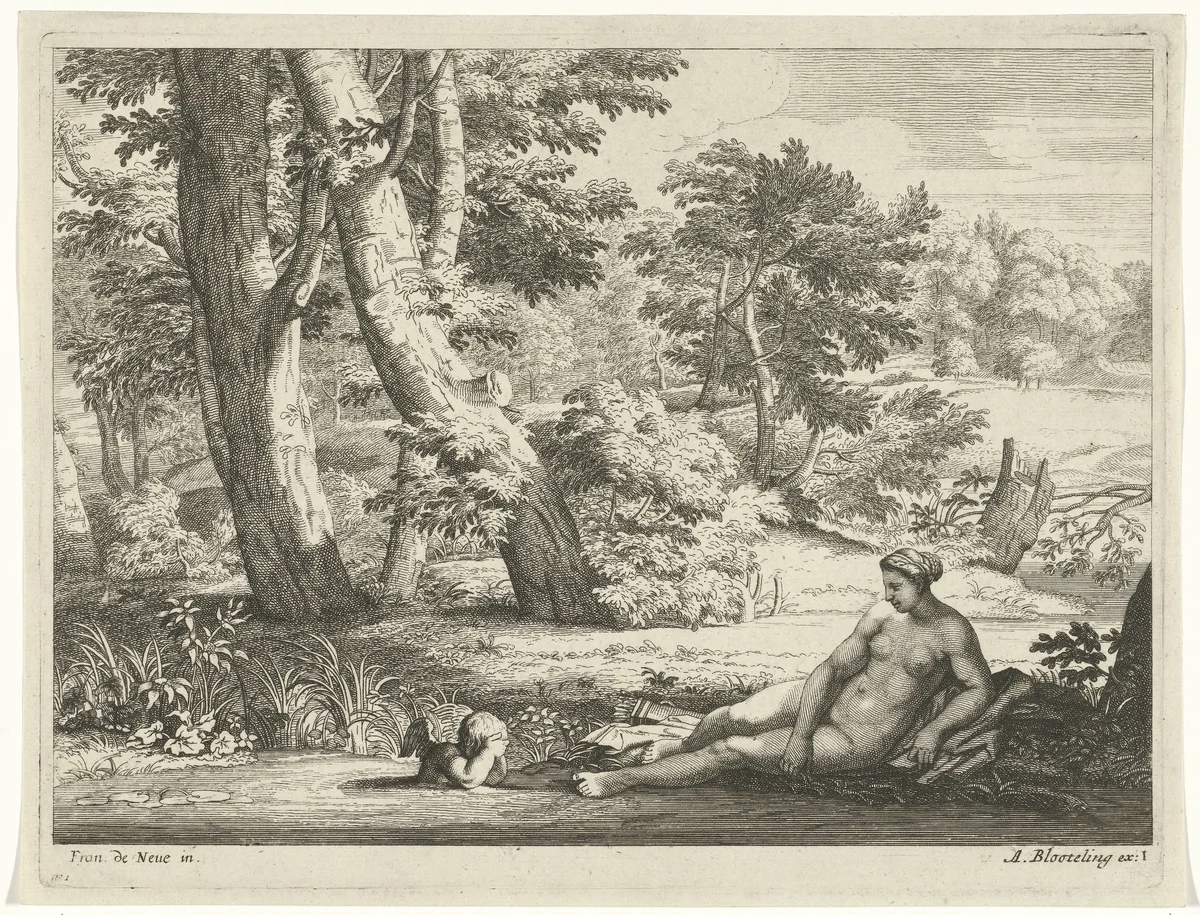 Venus en Amor bij het water by anonymous, print, 1655-1690