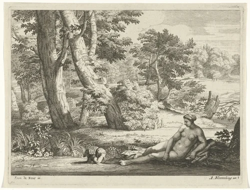 Venus en Amor bij het water by anonymous, print, 1655-1690