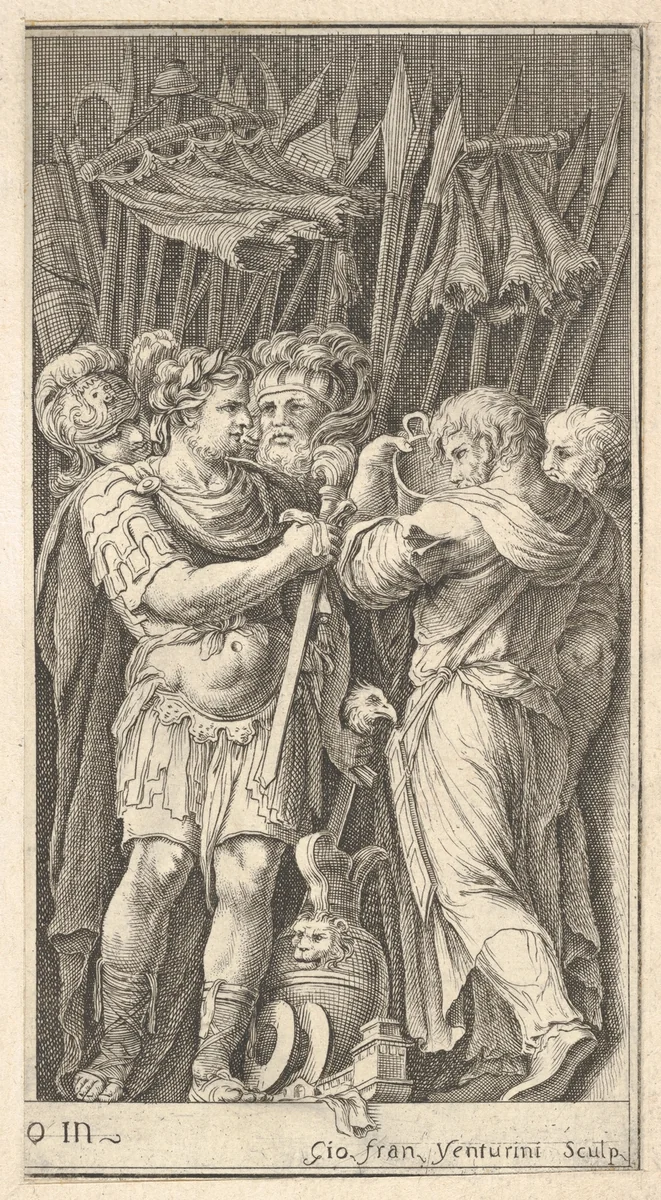 Soldiers, one shown frontally and holding a sword, at right a soldier with his back turned and holding a cup, four soldiers standing behind them with standards and spears, after the lost frescoes by Polidoro da Caravaggio on the façade of the Milesi Palace in Via della Maschera d'Oro, Rome by Giovanni Francesco Venturini, print, 1650-1700