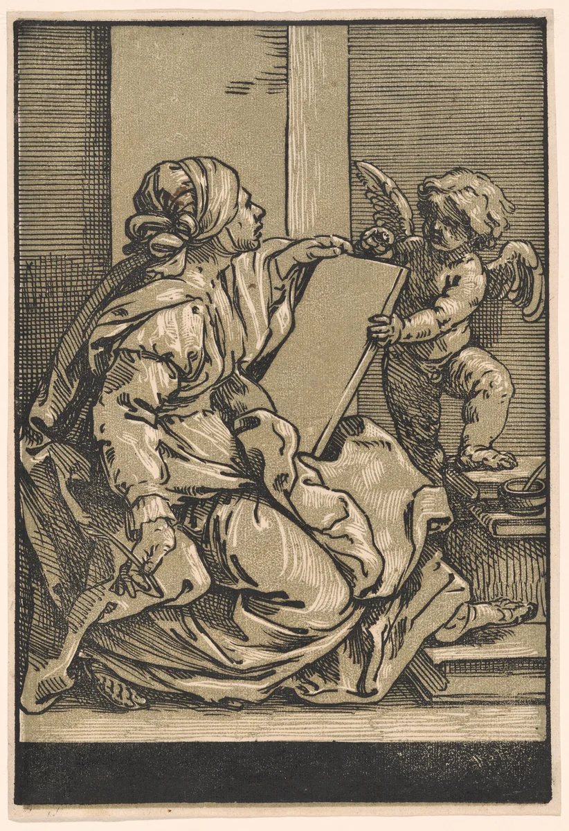 Sibyl Holding a Tablet with a Winged Putto by Bartolomeo Coriolano, print, 1635-1645