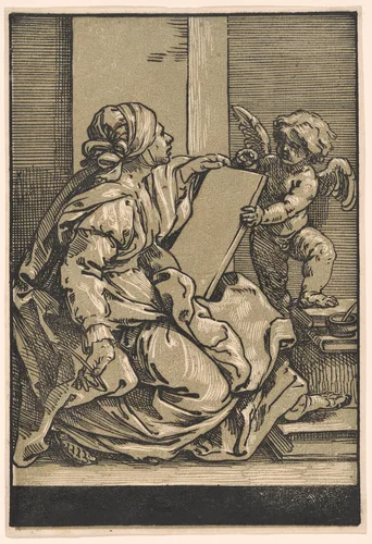 Sibyl Holding a Tablet with a Winged Putto by Bartolomeo Coriolano, print, 1635-1645