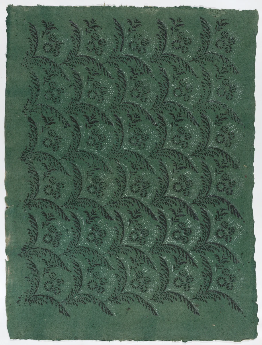 Sheet with overall pattern of leaves and flowers by anonymous, print, 1800-1900