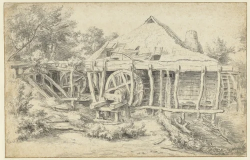 View of a Watermill by Jacob Isaacksz van Ruisdael, drawing, 1650-1660