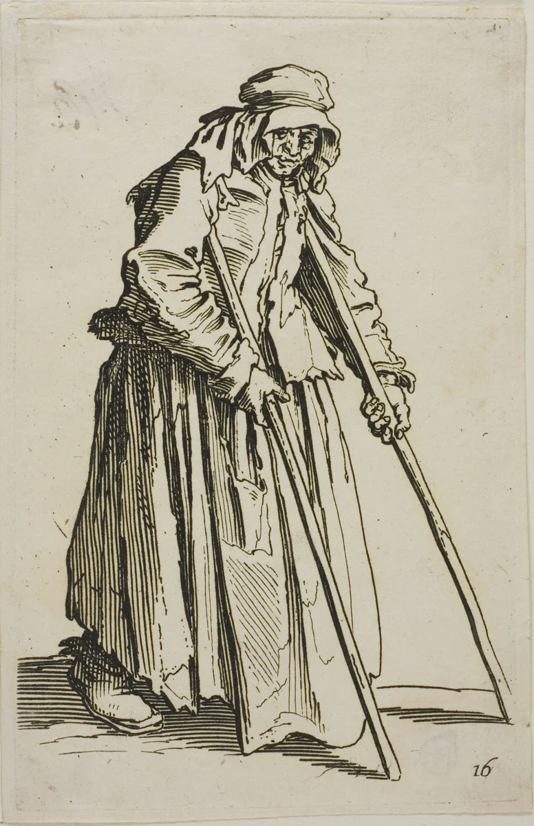 The Beggar on Crutches and His Beggar's Wallet, plate ten from The Beggars by Jacques Callot, print, 1617-1627