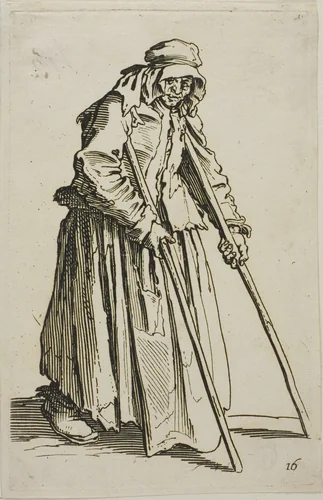 The Beggar on Crutches and His Beggar's Wallet, plate ten from The Beggars by Jacques Callot, print, 1617-1627
