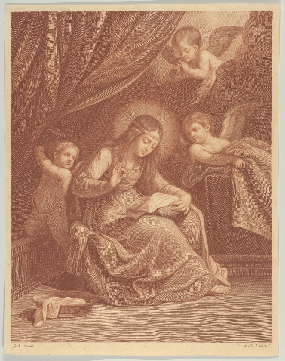 The Virgin sewing, two angels and a putto surrounding her, after Reni by Jacques Bouillard, print, 1759-1806