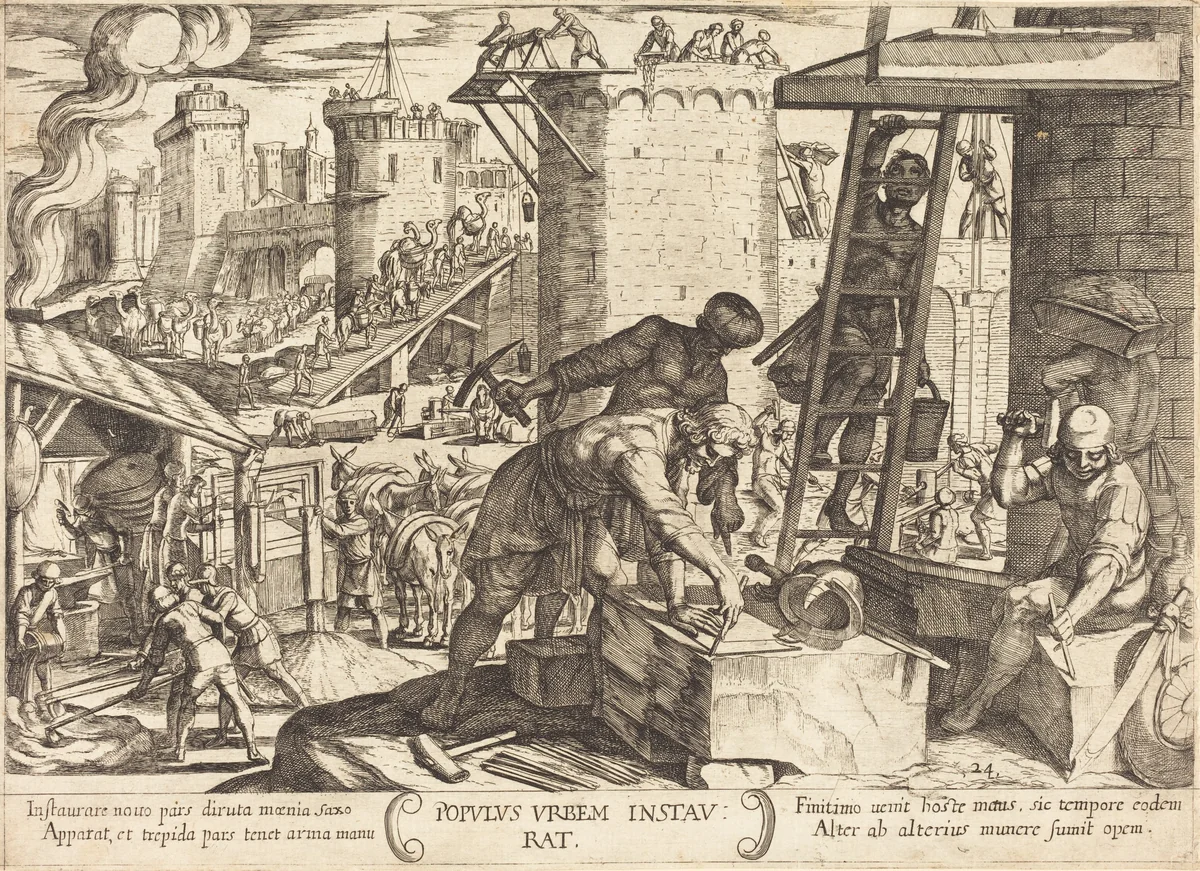 The Israelites Rebuilding the Walls of Jerusalem by Antonio Tempesta, print, 1613
