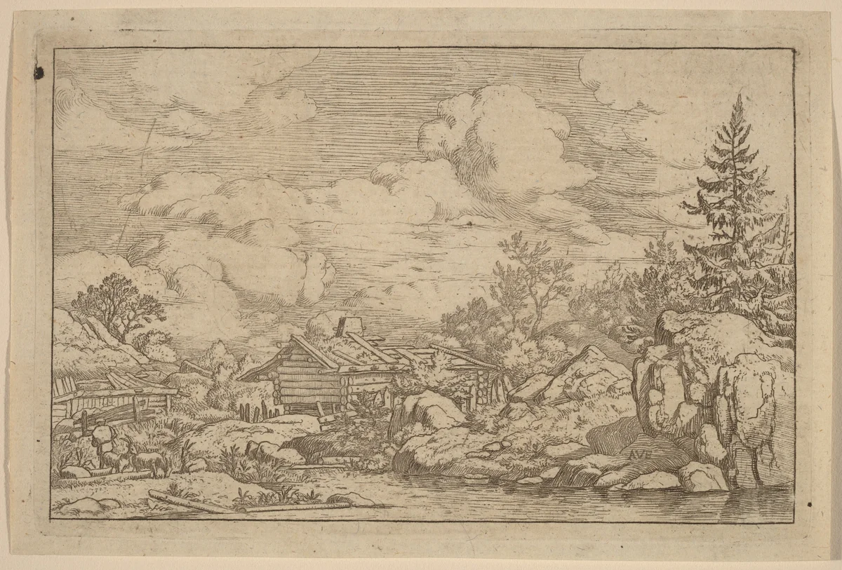 Three Goats at the River by Allart van Everdingen, print, 1645-1656