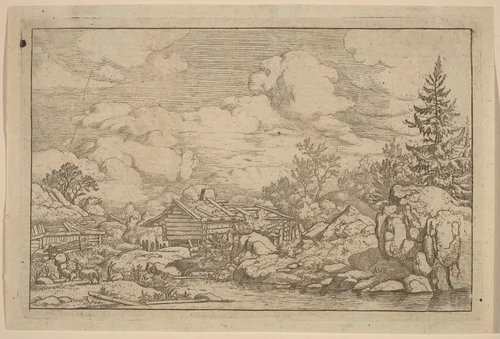 Three Goats at the River by Allart van Everdingen, print, 1645-1656