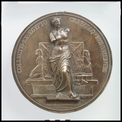 A uniface medal of the Ancient Greek and Egyptian Monuments of the Louvre by Alexis Joseph Depaulis, metalwork, 1700-1799