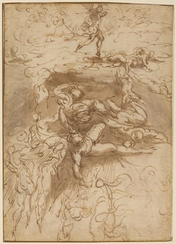 The Fall of the Rebel Angels [recto] by Parmigianino, drawing, 1524-1527