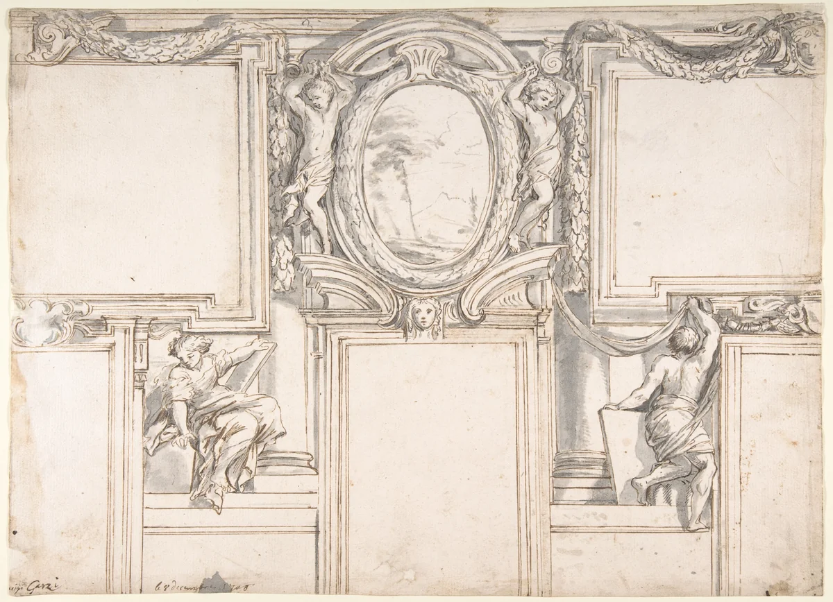 Design Wall Elevation with Stucco and Painted Decorations by Luigi Garzi, drawing, 1708
