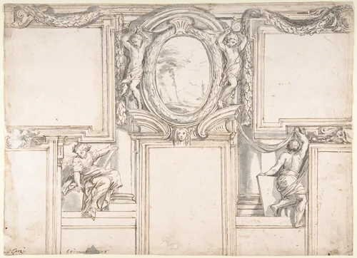 Design Wall Elevation with Stucco and Painted Decorations by Luigi Garzi, drawing, 1708