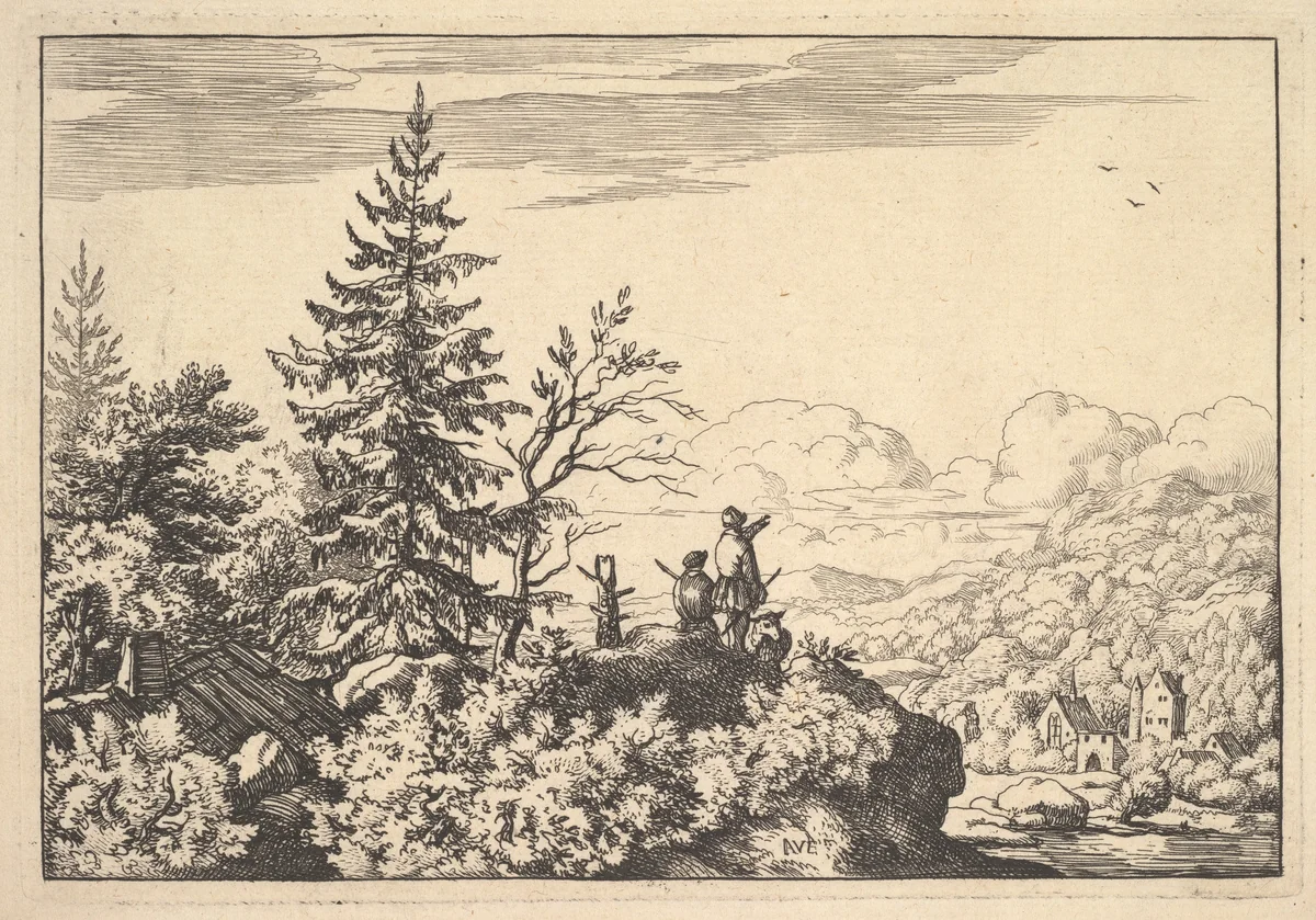 Two Men on a Rock Terrace by Allart van Everdingen, print, 1630-1675