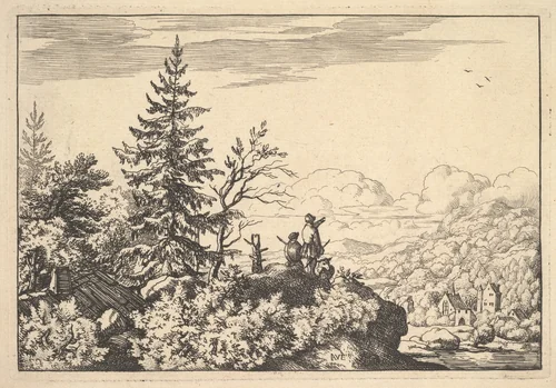Two Men on a Rock Terrace by Allart van Everdingen, print, 1630-1675