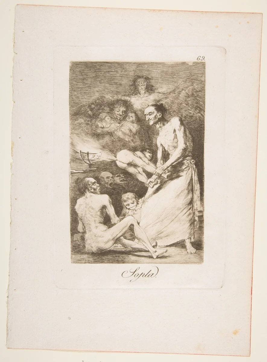 Plate 69 from "Los Caprichos": Blow (Sopla) by Goya, print, 1799