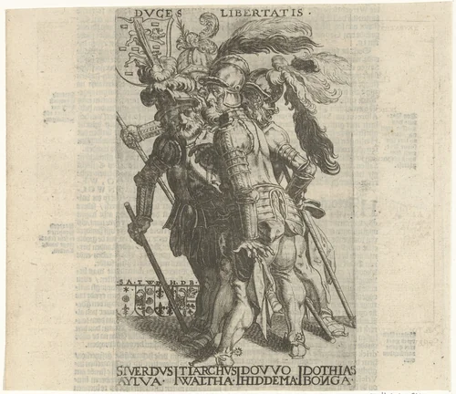 Silverdus Aylva, Tiarchus Waltha, Dowo Hiddema en Dothias Bonga by Simon Frisius, print, 1622