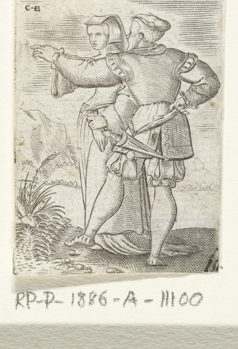 Dansend stel, de man staat op zijn rechter been en strekt zijn linker arm uit by Unknown, print, 1546-1548
