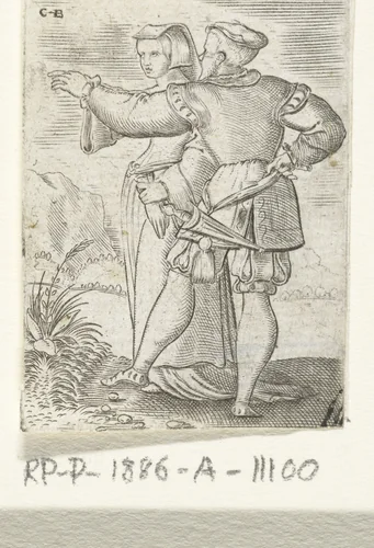Dansend stel, de man staat op zijn rechter been en strekt zijn linker arm uit by Unknown, print, 1546-1548
