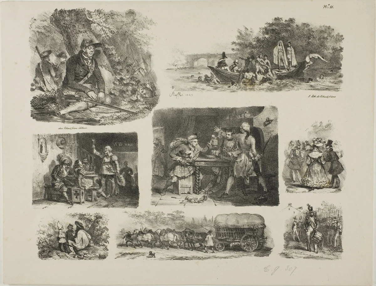 Sheet of Sketches by Denis Auguste Marie Raffet, print, 1829